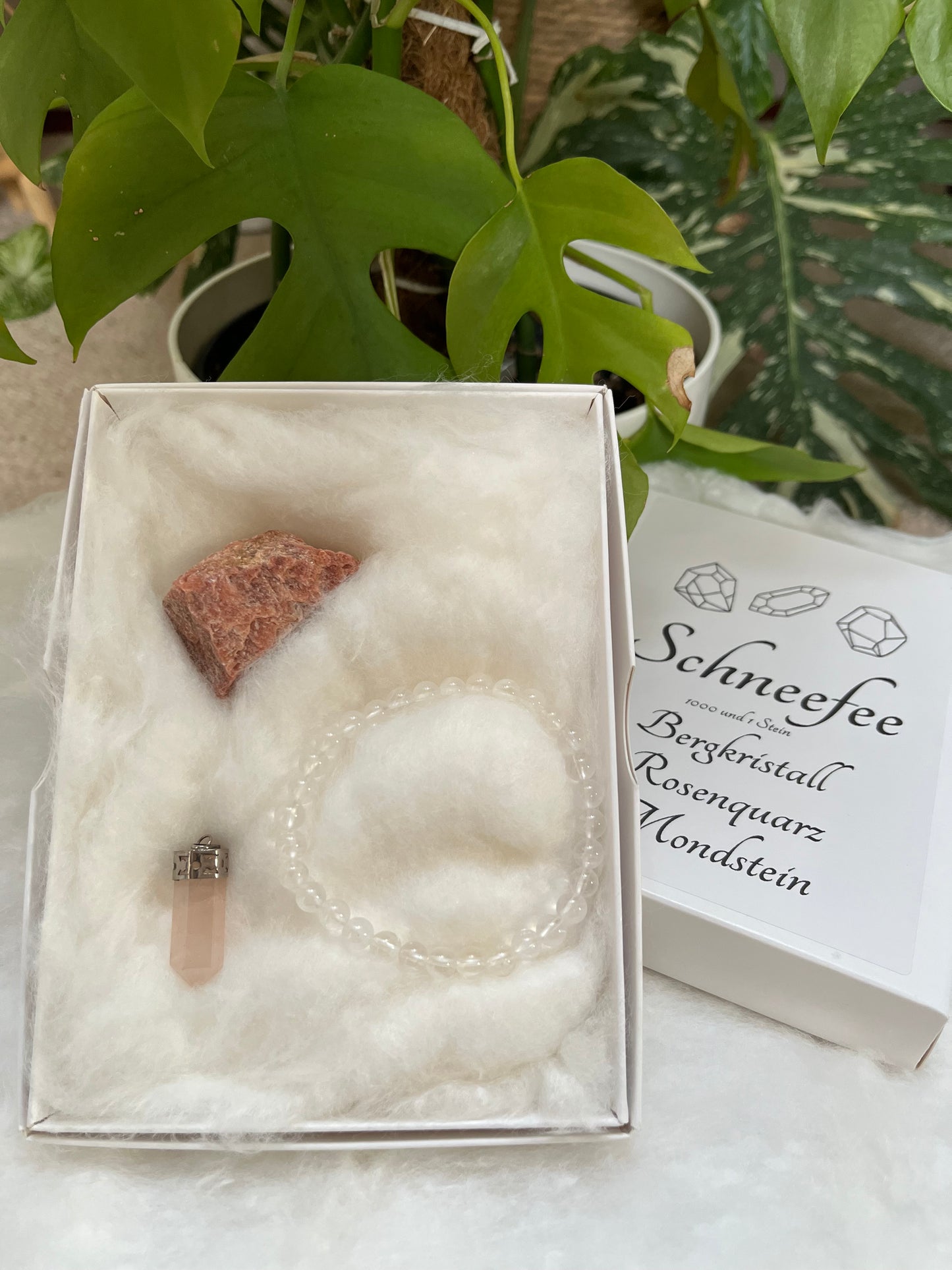 Edelstein-Set „Schneefee“ – Bergkristall, Mondstein & Rosenquarz | Geschenkset