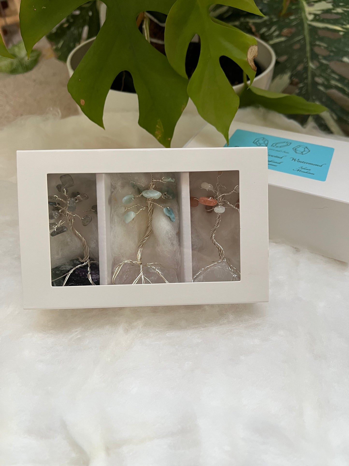 Edelstein-Traumbaum Set – Polarlicht, Eiswind & Wintermond | 3 handgemachte Edelsteinbäumchen