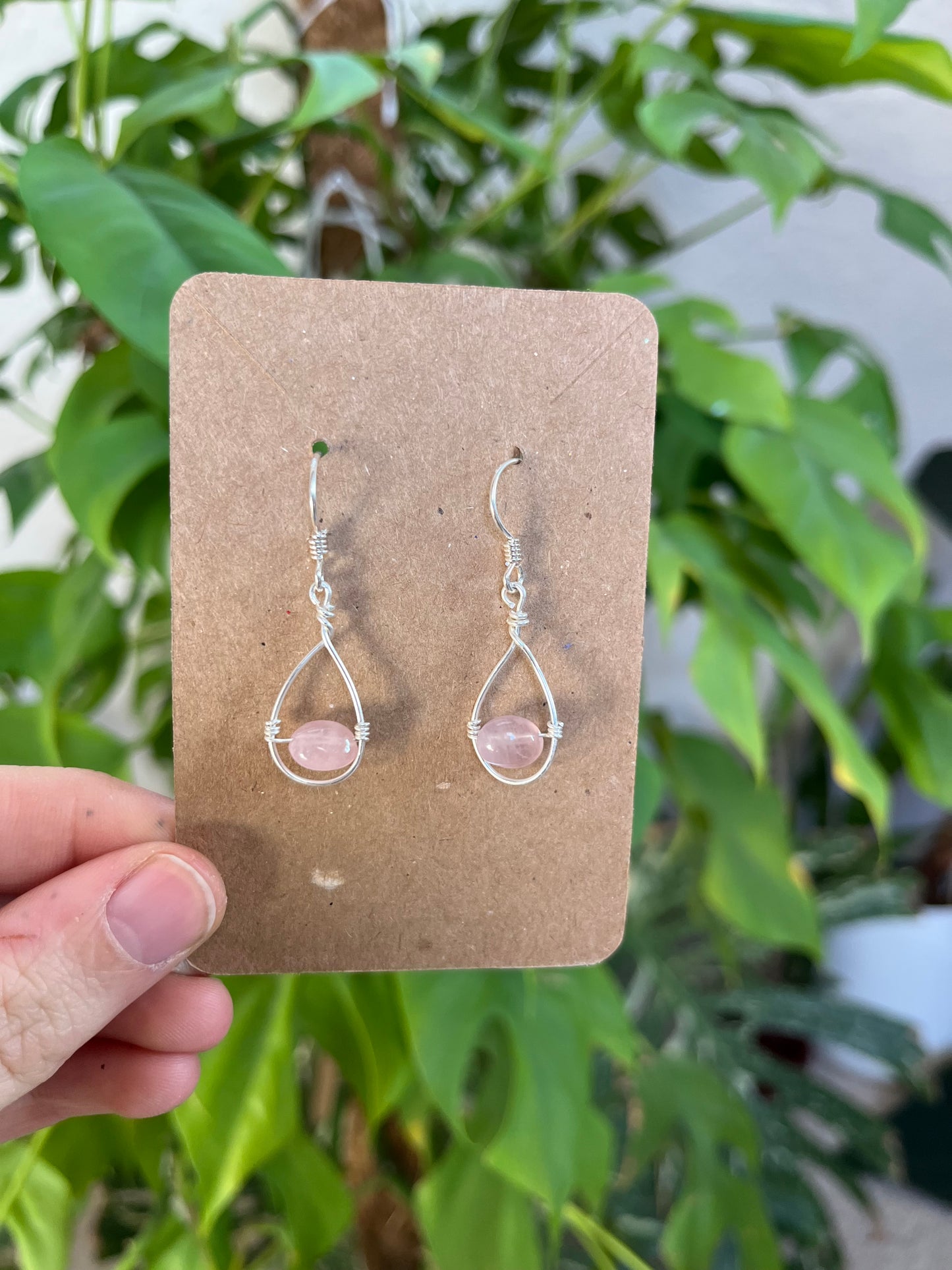 Handgemachte Rosenquarz Tropfen Ohrringe – 925 Sterling Silber Draht