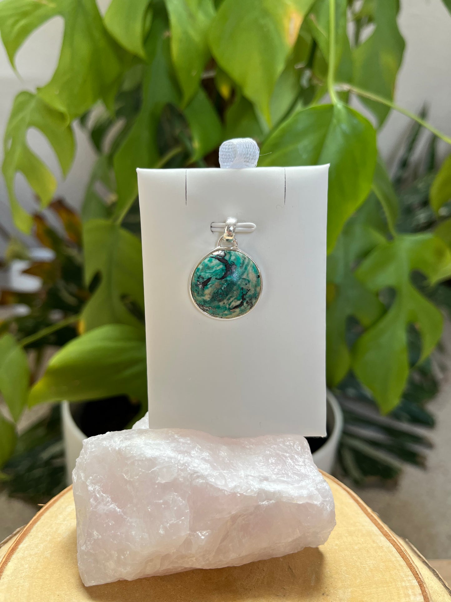 Chrysokoll Anhänger rund 925 Silber gefasst – Blau-Grüner Naturstein Schmuck