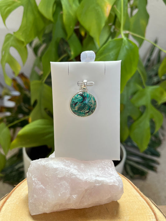 Chrysokoll Anhänger rund 925 Silber gefasst – Blau-Grüner Naturstein Schmuck