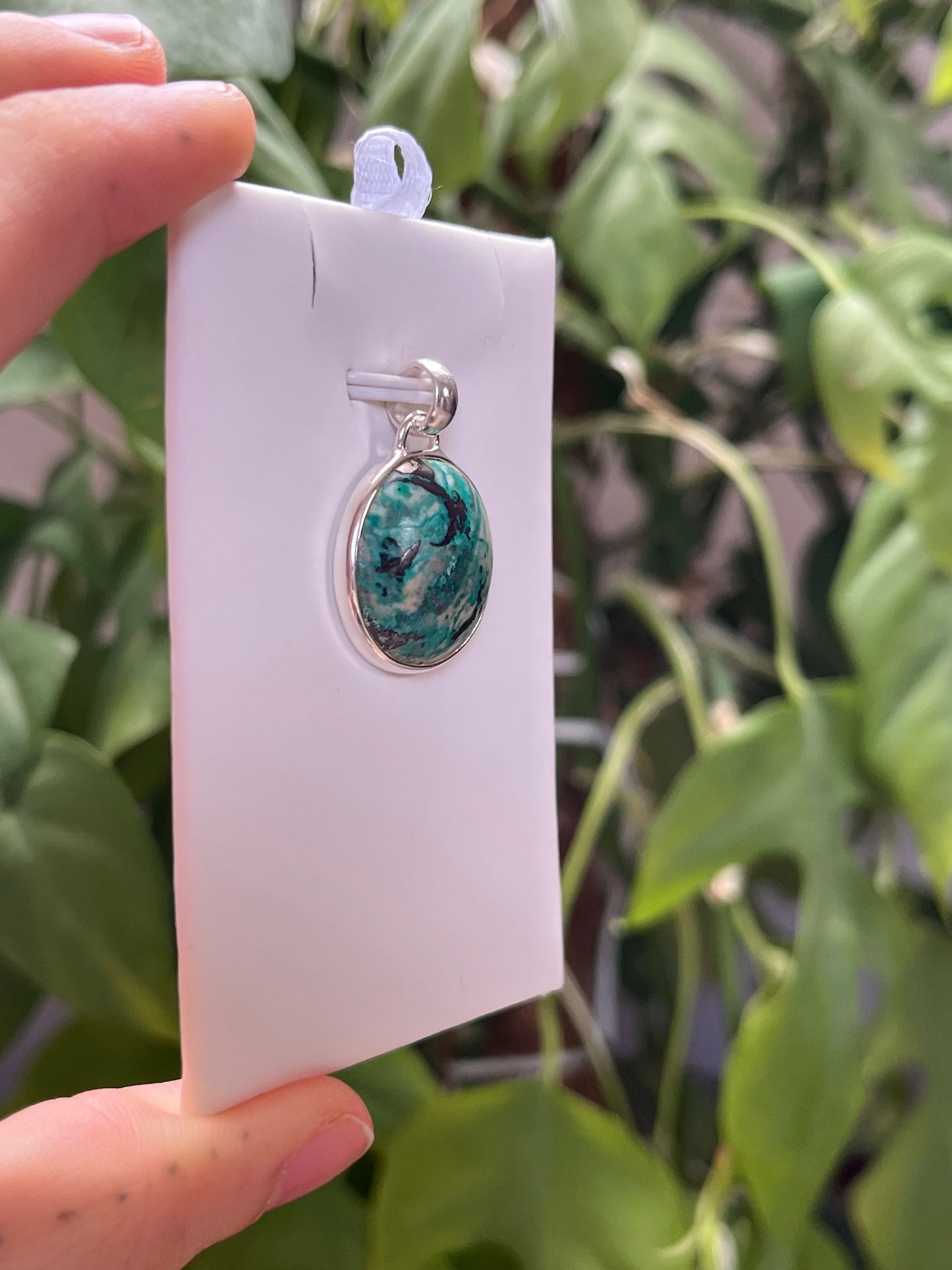 Chrysokoll Anhänger rund 925 Silber gefasst – Blau-Grüner Naturstein Schmuck