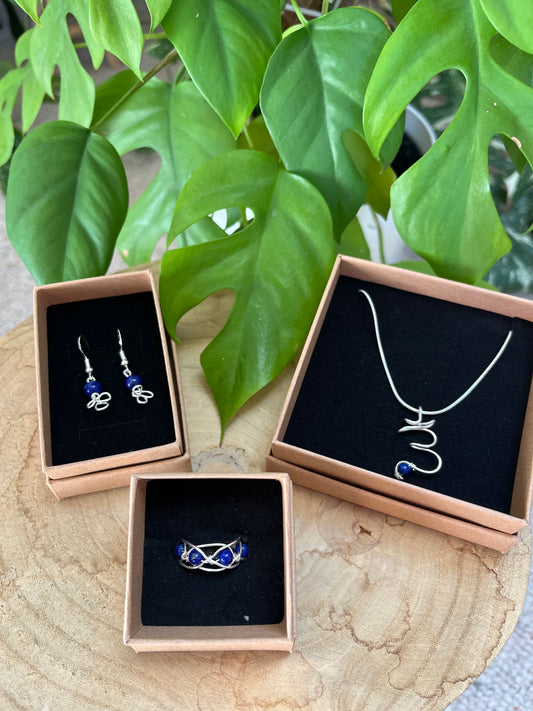 Stirnchakra Schmuck-Set – 925 Silber Kette (45 cm), Ring & Ohrringe mit Lapislazuli