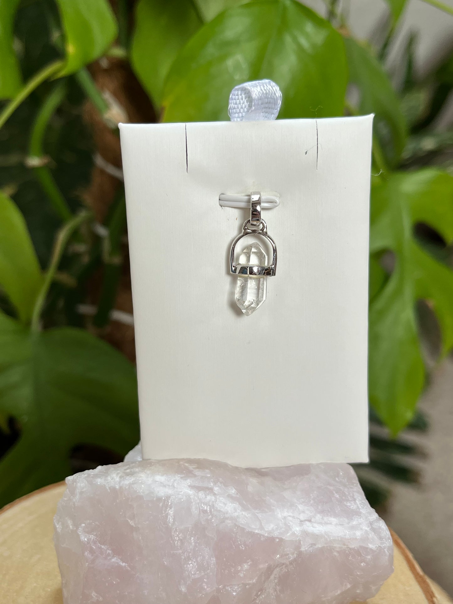 Bergkristall Doppelspitze Anhänger 925 Silber platinbeschichtet – Klarer Kristall Naturstein