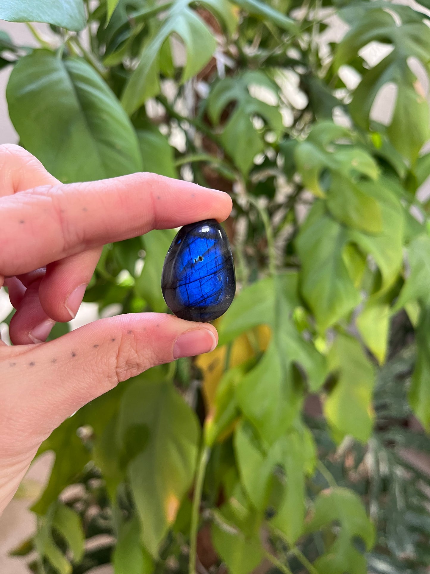 Labradorit Trommelstein gebohrt AA Qualität – Schimmer & Schutz