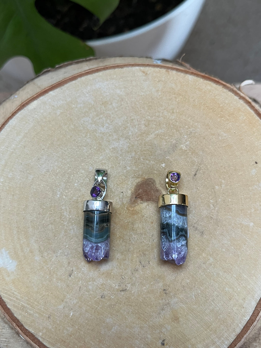 Amethyst Zylinder Roh mit Achat – 925 Silber oder vergoldet – Naturstein Anhänger