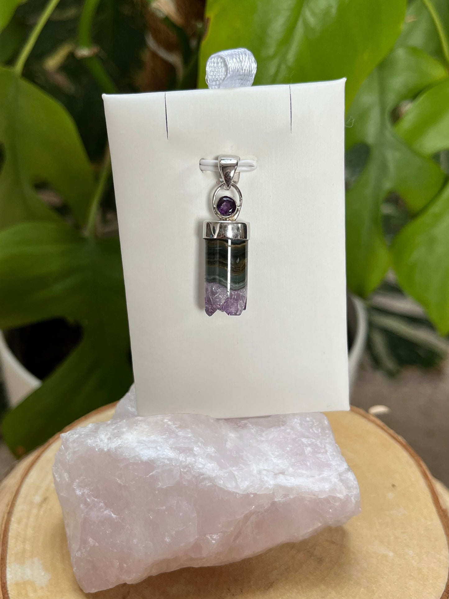 Amethyst Zylinder Roh mit Achat – 925 Silber oder vergoldet – Naturstein Anhänger