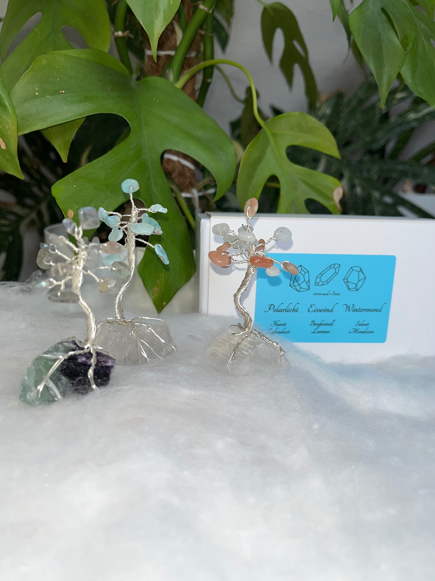 Edelstein-Traumbaum Set – Polarlicht, Eiswind & Wintermond | 3 handgemachte Edelsteinbäumchen