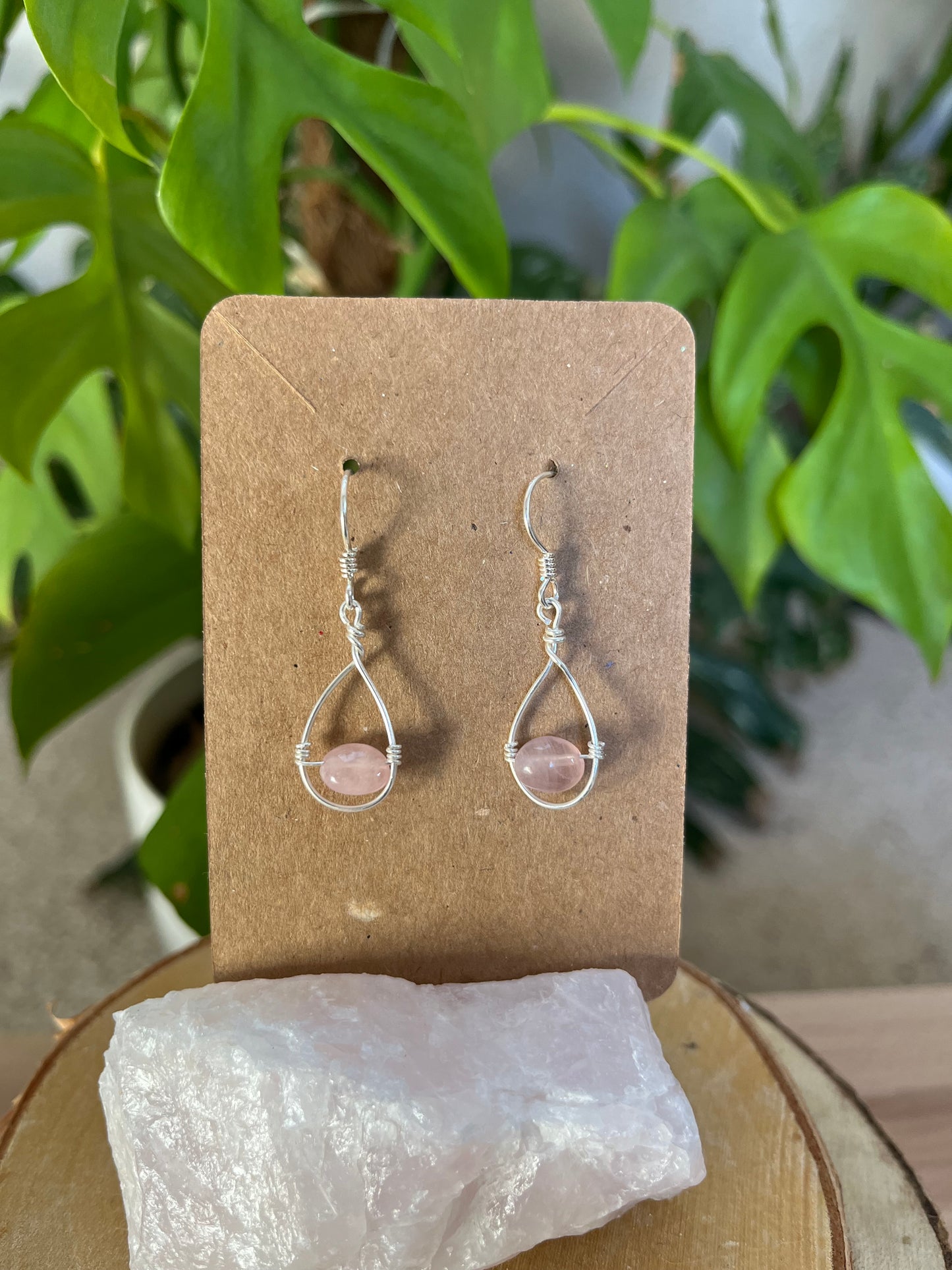 Handgemachte Rosenquarz Tropfen Ohrringe – 925 Sterling Silber Draht